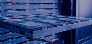 Trays holding hard drives inside a data center powering PaaS companies.