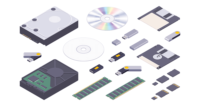 Different types of storage media on a white background.
